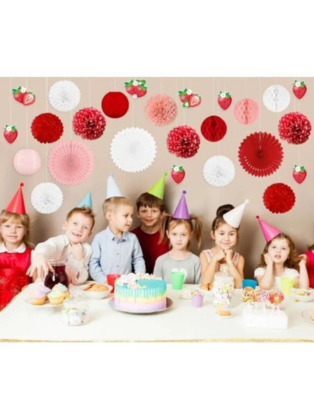 26pcs Strawberry Birthday Party Decor - Red Pink White Fans & Tissue Pom Poms